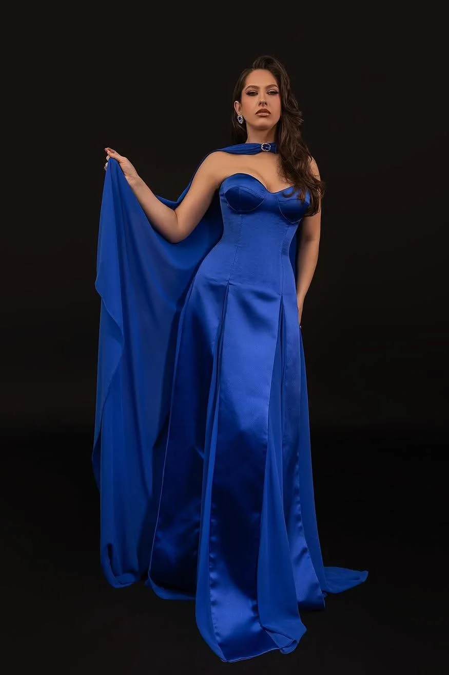 Miabel Charming Royal Blue Satin Sweetheart Strapless Sleeveless Long Prom Dress with Scarf 