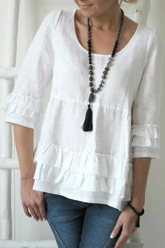 Women's Casual Solid Color Crew Neck Cotton Linen Top