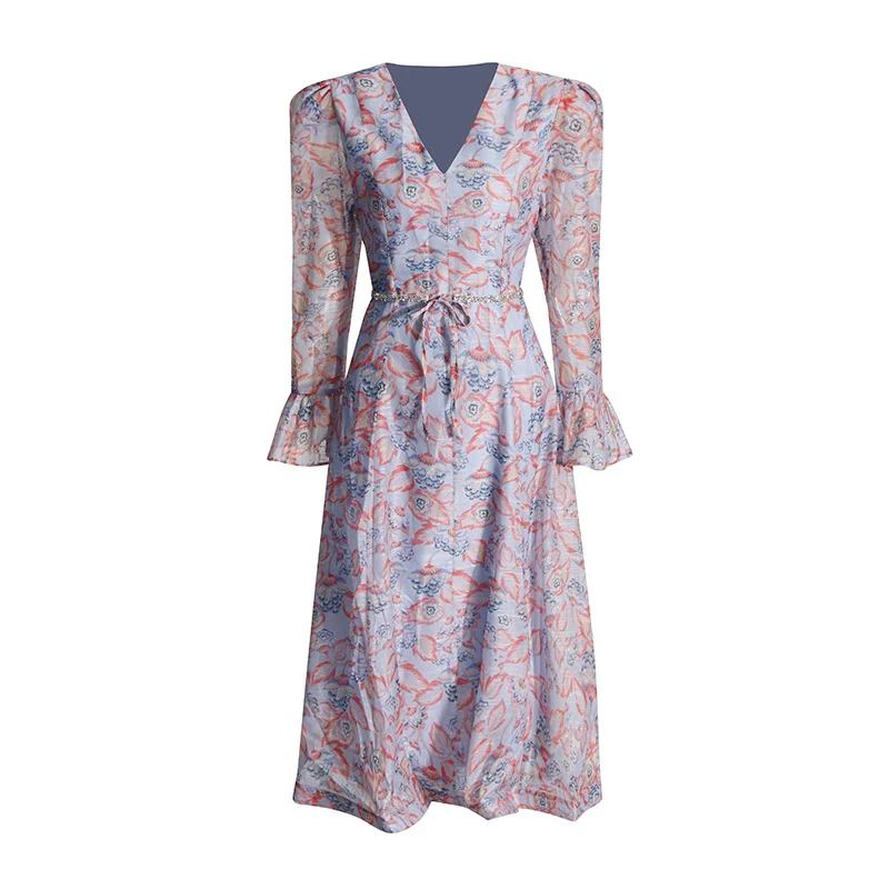 Brownm Fashion Temperament Dress Women 2025 New Long-Sleeved Dress V-Neck Print High-End Long Dress Woman