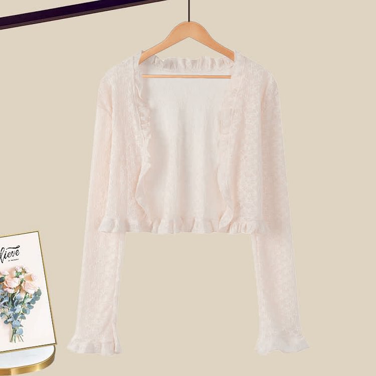 Lace Chiffon Cardigan Flouncing A-line Slip Dress Two Pieces Set - Modakawa modakawa