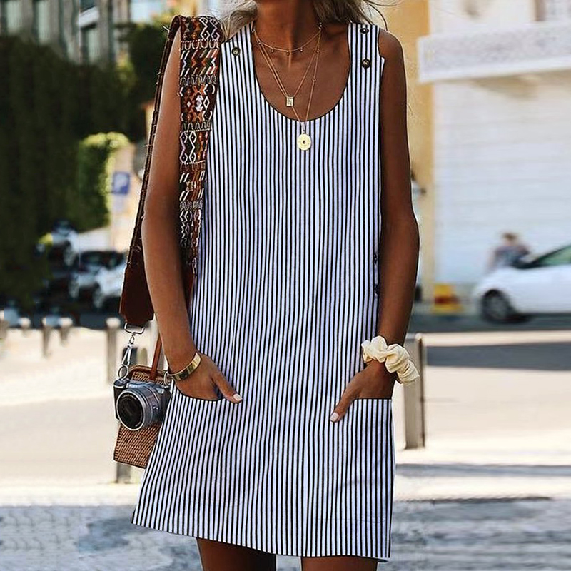 Women's Summer Crew Neck Striped Print Pockets Mini Dress wearshes