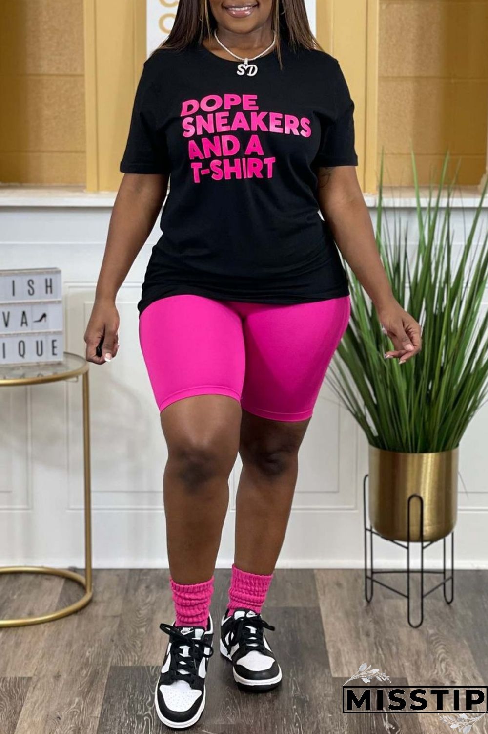 Black Rose Red Casual Letter Print Basic O Neck Plus Size Two Pieces