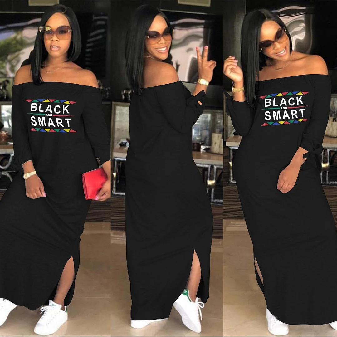 Fashion Sexy Slash Neck Ladies Solid Color Letter Printing Long Dress Home Casual Street Loose Large Size Dress