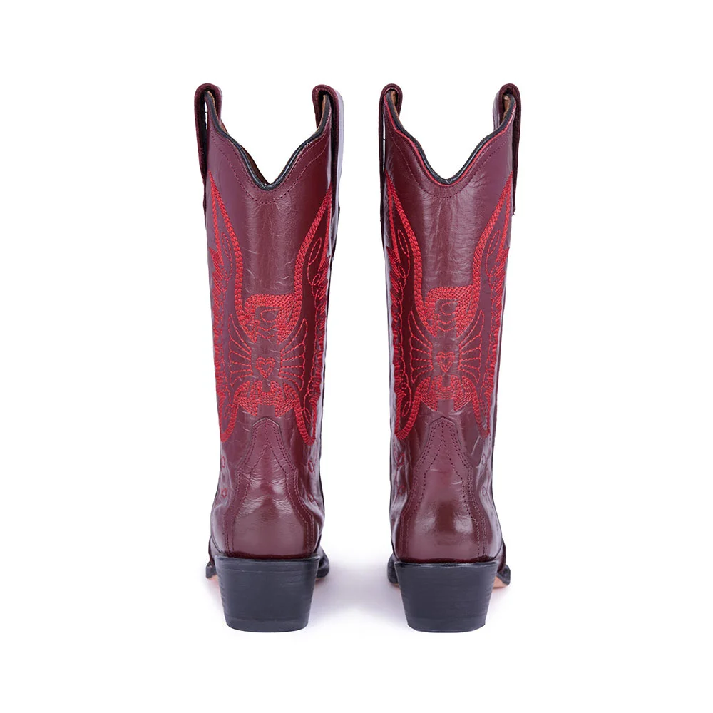 Burgundy Eagle Embroidery Chunky Heel Cowboy Boots for Women