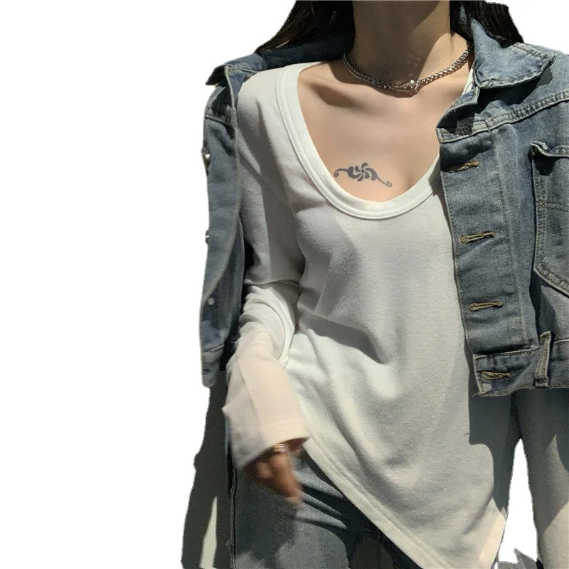 Uveng Uveng Female Slim Sexy Low Collar White Foreign Style Long Sleeves With Bottom Shirt 2024 Autumn New Slim Jacket
