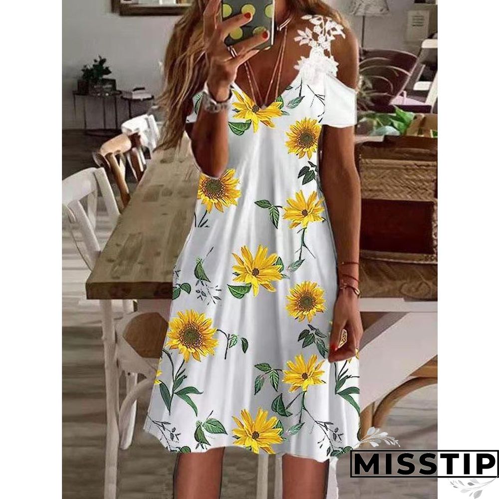 V Neck Open Shoulder Lace Printed Beach Dress