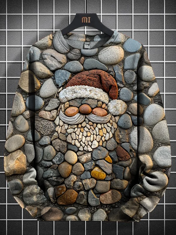 Men's Christmas Santa Claus Stone Stitching Natural Art Print Casual Sweatshirt