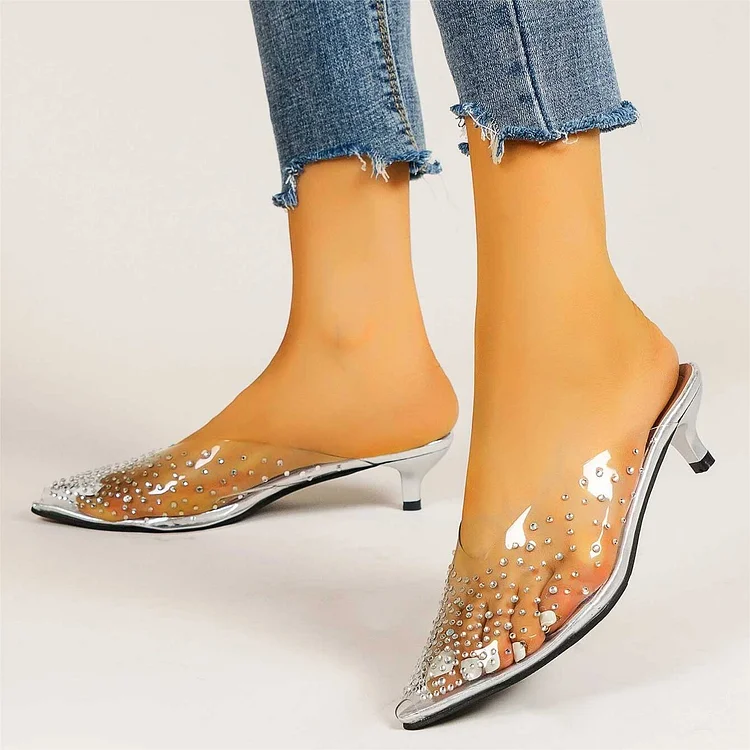 Pointed Toe Clear Shoes Rhinestone Decor Low Heel Mules for Women |FSJ Shoes
