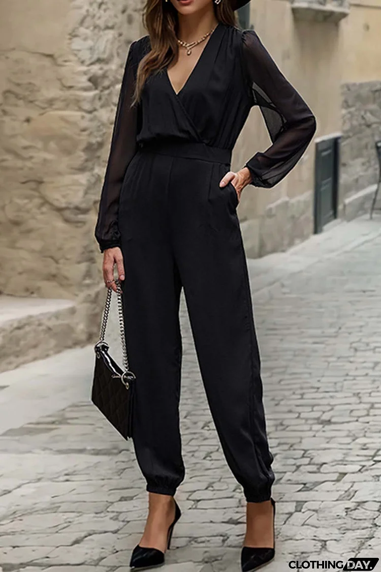 V Neck Mesh Patchwork Jumpsuits