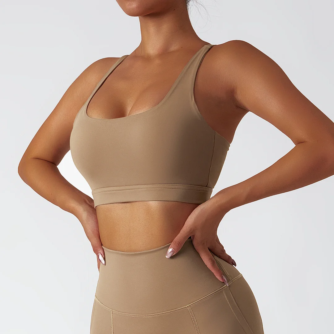Hergymclothing Camel Brown eco friendly sustainable recycled fabric high impact racer back sports bra online shopping