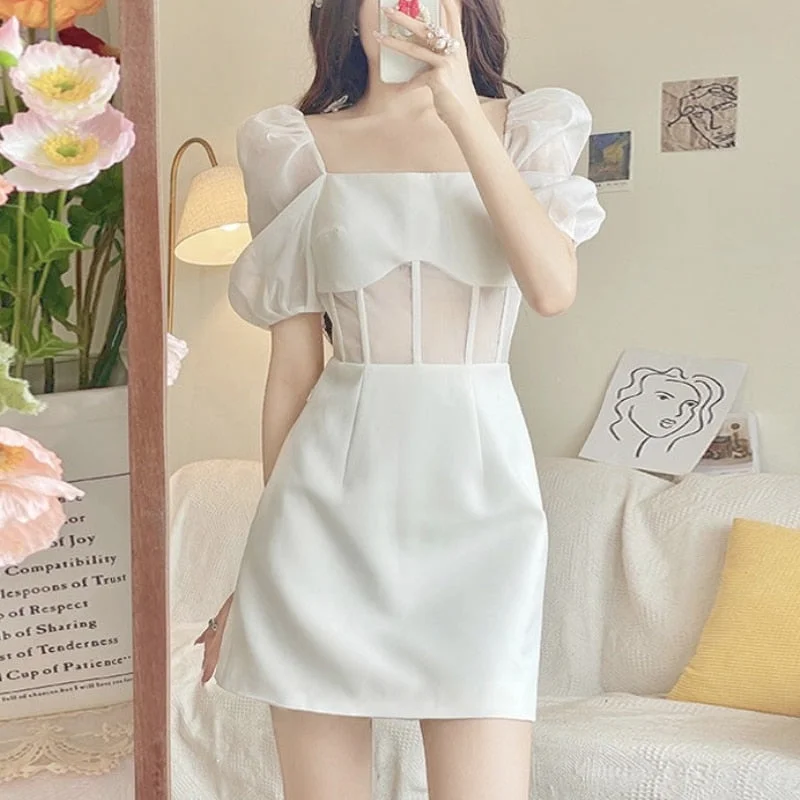 UForever21 Uforever21 2022 Summer Beach Elegant Dress Women White Casual Vintage Evening Party Mini Drsseses Puff Sleeve Office Lady One-Piece Dress