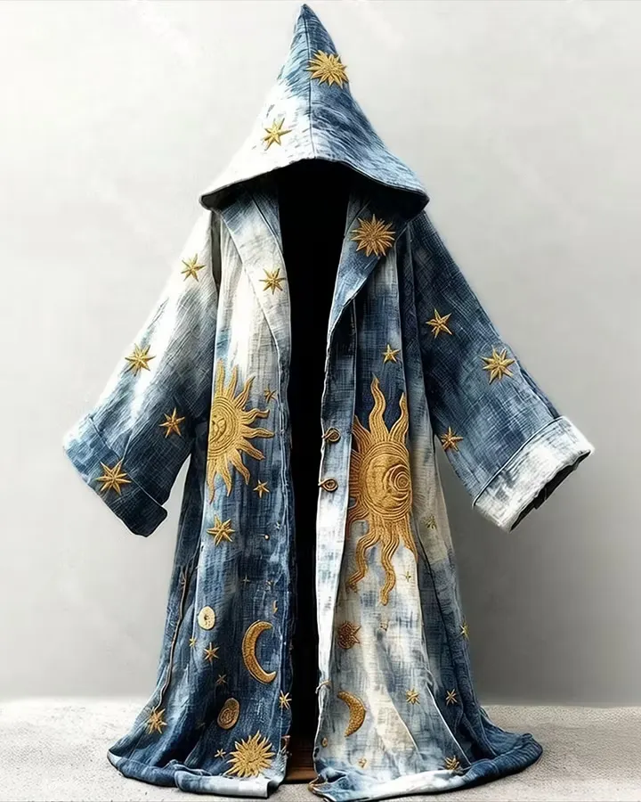 Men's Summer Star and Moon Embroidered Tie-Dye Long-Sleeve Hooded Cape 1353