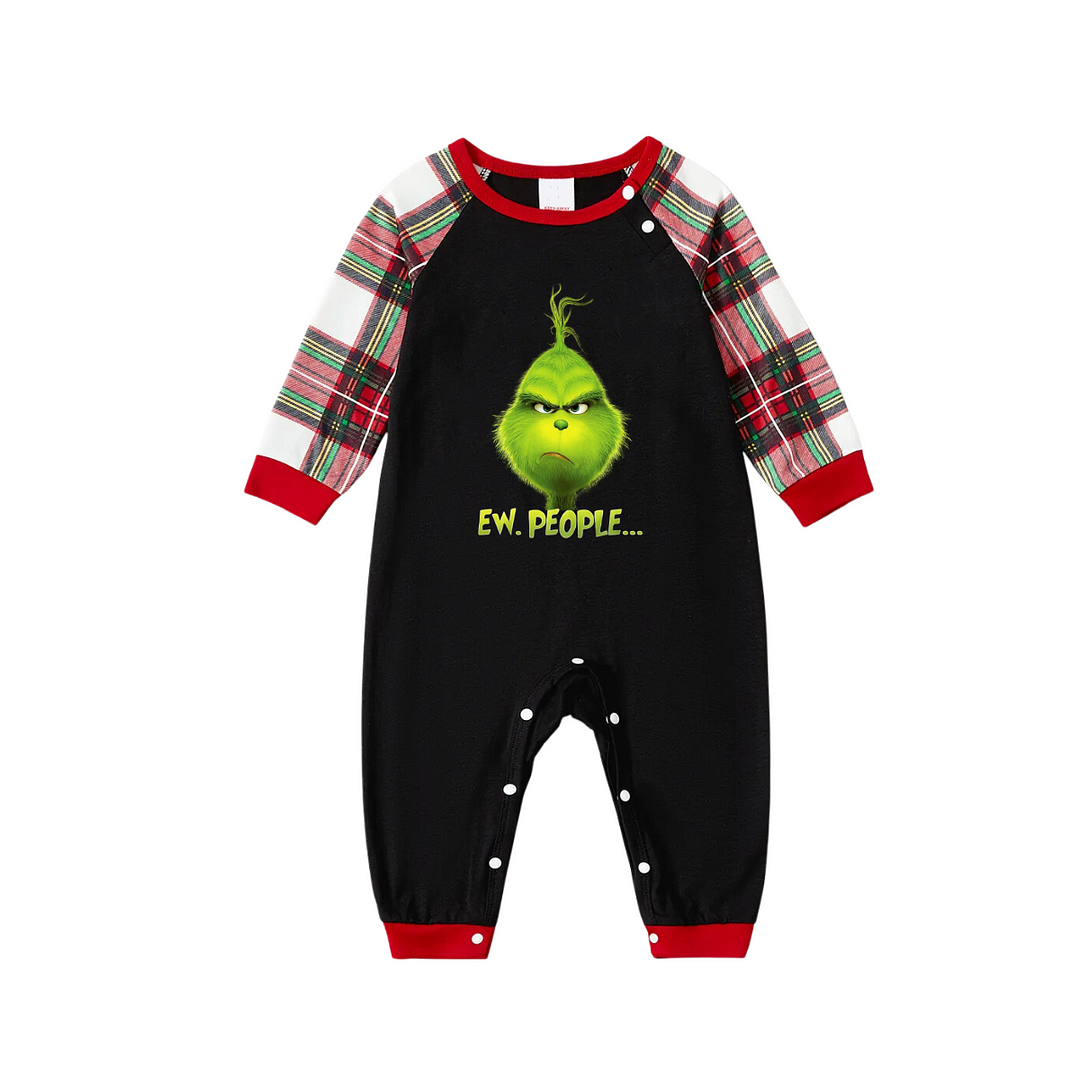 Christmas Cartoon Pattern Print Black Long Sleeve Top with Red & White & Green Plaid Matching Family Pajamas 2024