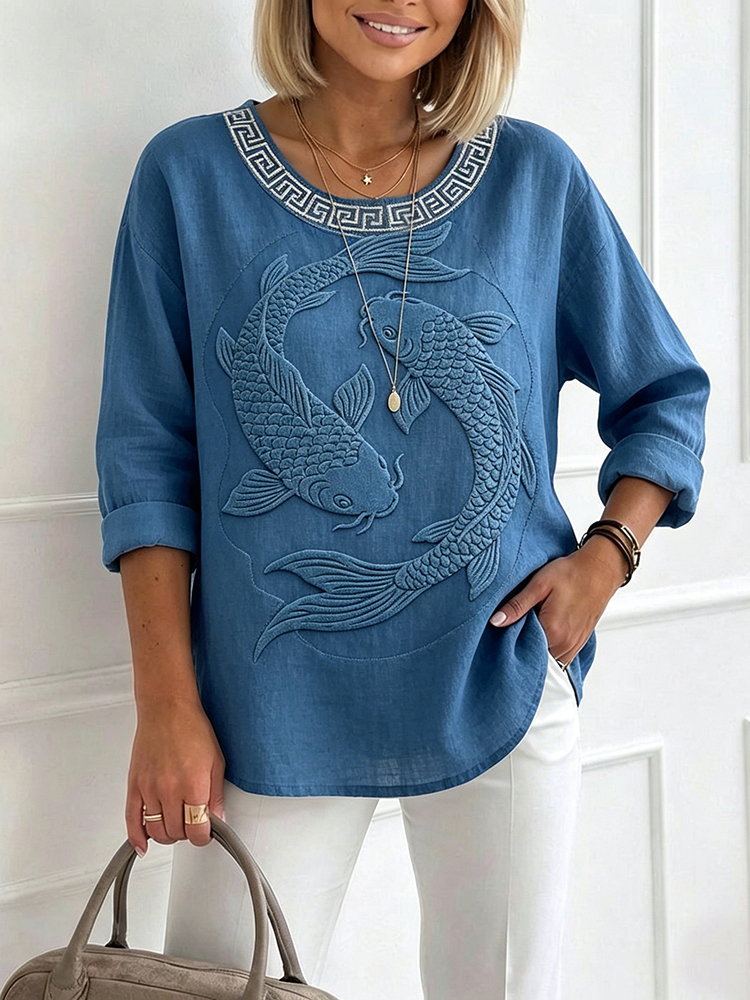 Japanese Koi Fish Art Round Neck Linen T Shirt wearshes