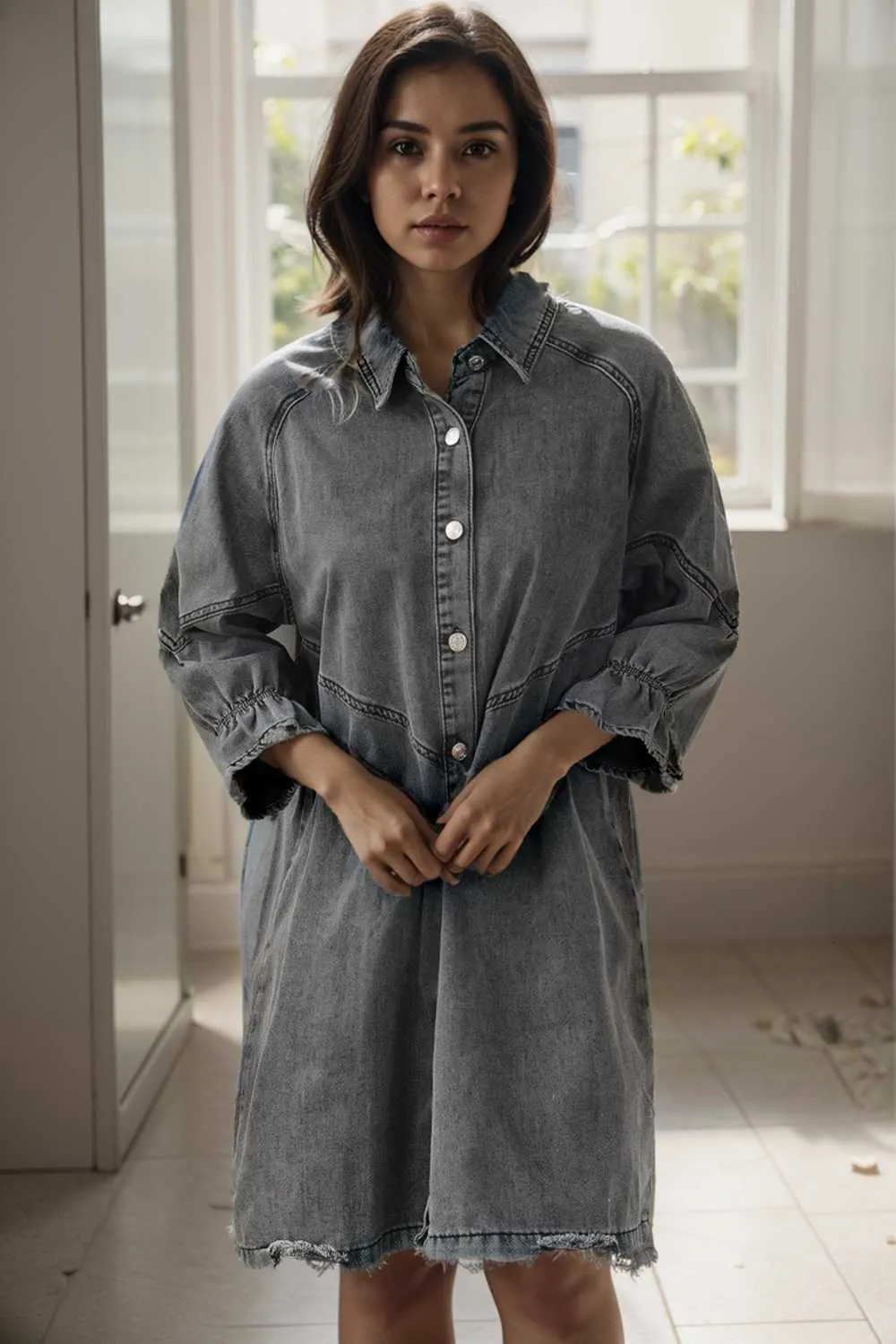 chic gray denim mini dress with button detail