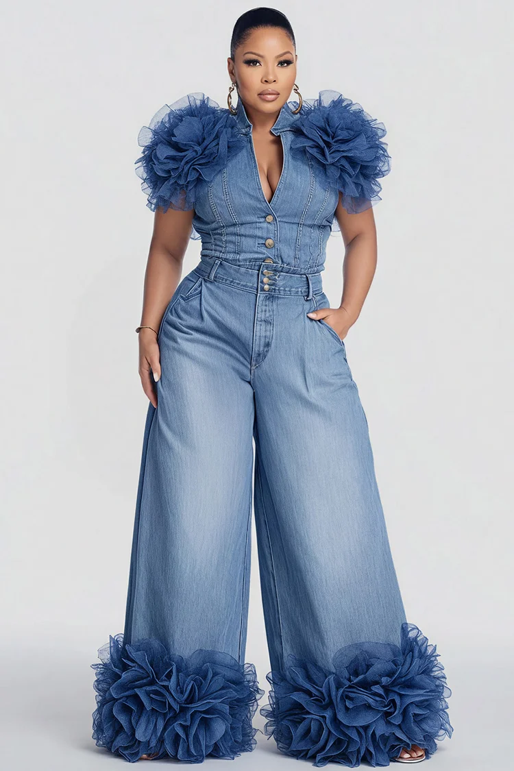 Xpluswear Design Plus Size Business Casual Blue 3D Casual Pocket Denim Two Piece Pant Sets [Pre-Order]