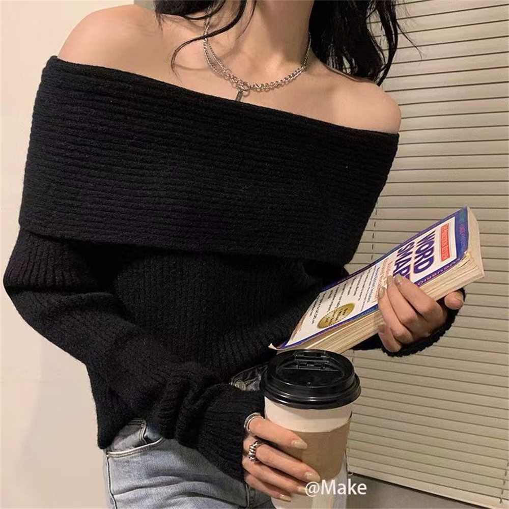 Ytsponsors Korean Elegant Slash Neck Solid Sweaters Vintage Women Bottoming Pullovers Off Shoulder Casual Sexy Ladies Knitted Sweater Tops