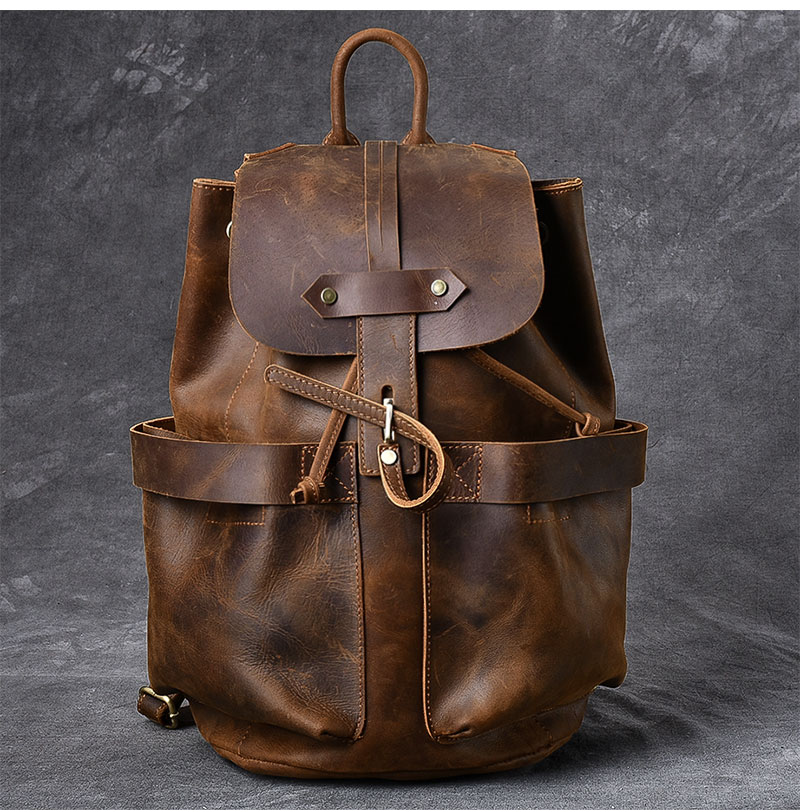 Front View of Woosir Genuine Leather Drawstring Bucket Vintage Backpack