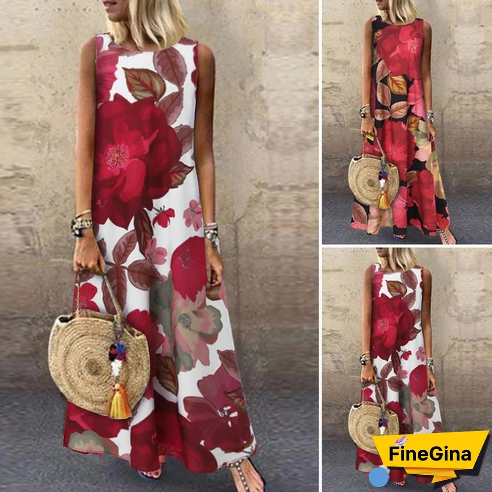 Women Loose Holiday Sleeveless Long Shirt Dress Crew Neck Floral Printed Beach Maxi Sundress Plus