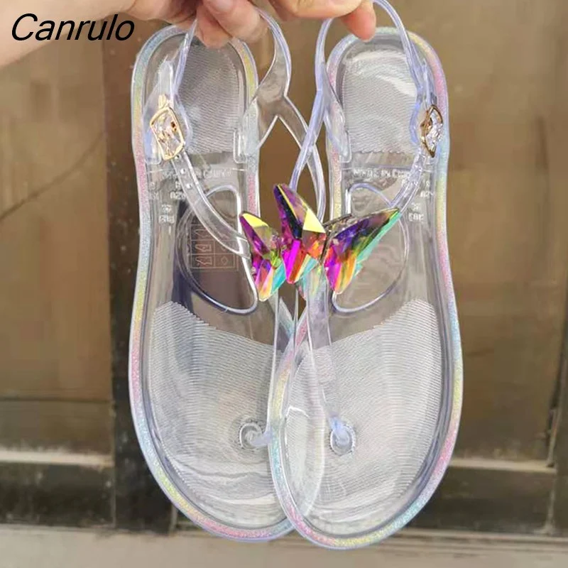 Canrulo New PVC Beach Women Shoes Summer Sandal Woman Jelly Shoes Diamond Transparent Flat Outdoor Ladies Sandals Large Size 42