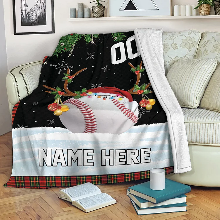 Personalized Baseball Blanket, Baseball Ball Reindeer Christmas Sherpa Fleece Blanket | BKKid713