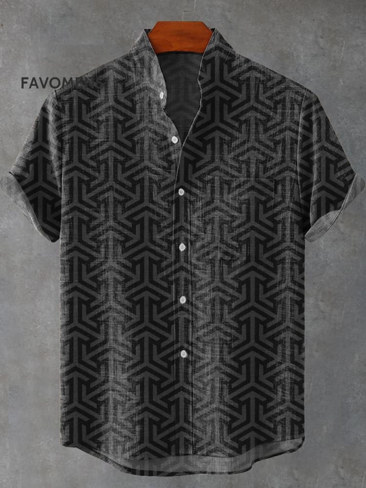 Geometric Repeat Pattern Printed Casual 100% Cotton Shirt Black / S