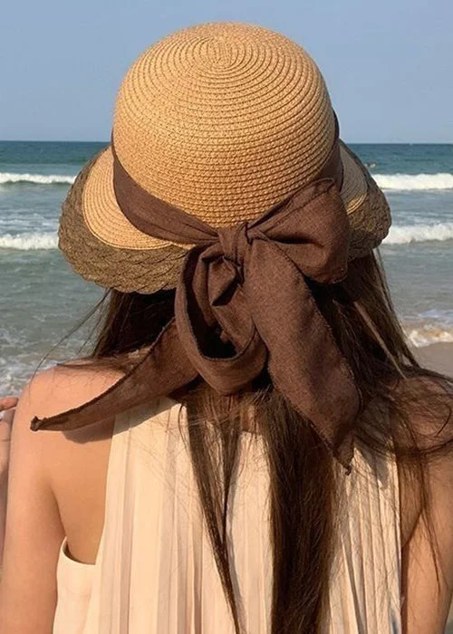 Khaki Bow Patchwork Straw Woven Solid Bucket Hat