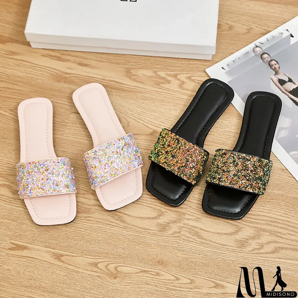 MidiSono - Plus Size Soft Sole Slippers Women Summer Outdoor Wear Flat Sequined Flip Flop Square Toe Flat Sandals and Slippers