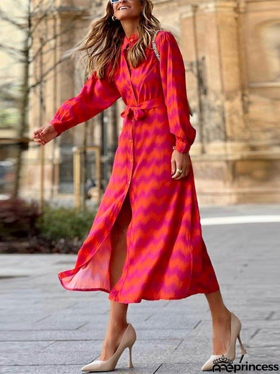 Women's Dresses Wavy Print Lace-Up Long Sleeve Shirt Dress