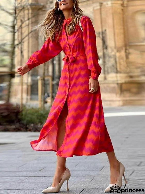 Women's Dresses Wavy Print Lace-Up Long Sleeve Shirt Dress