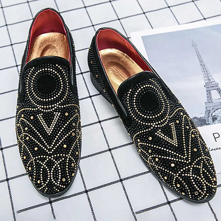 PU Leather Rhinestone Pattern Slip-On Pointed Toe Casual Loafers Shoes