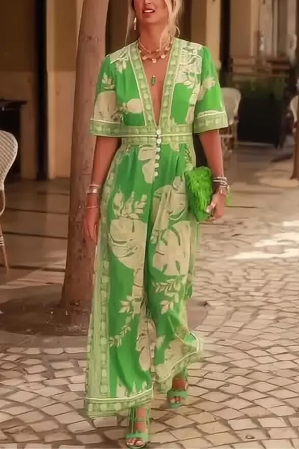 Plant Print V-Neck Short Sleeve Button Loose Pocket Jumpsuit