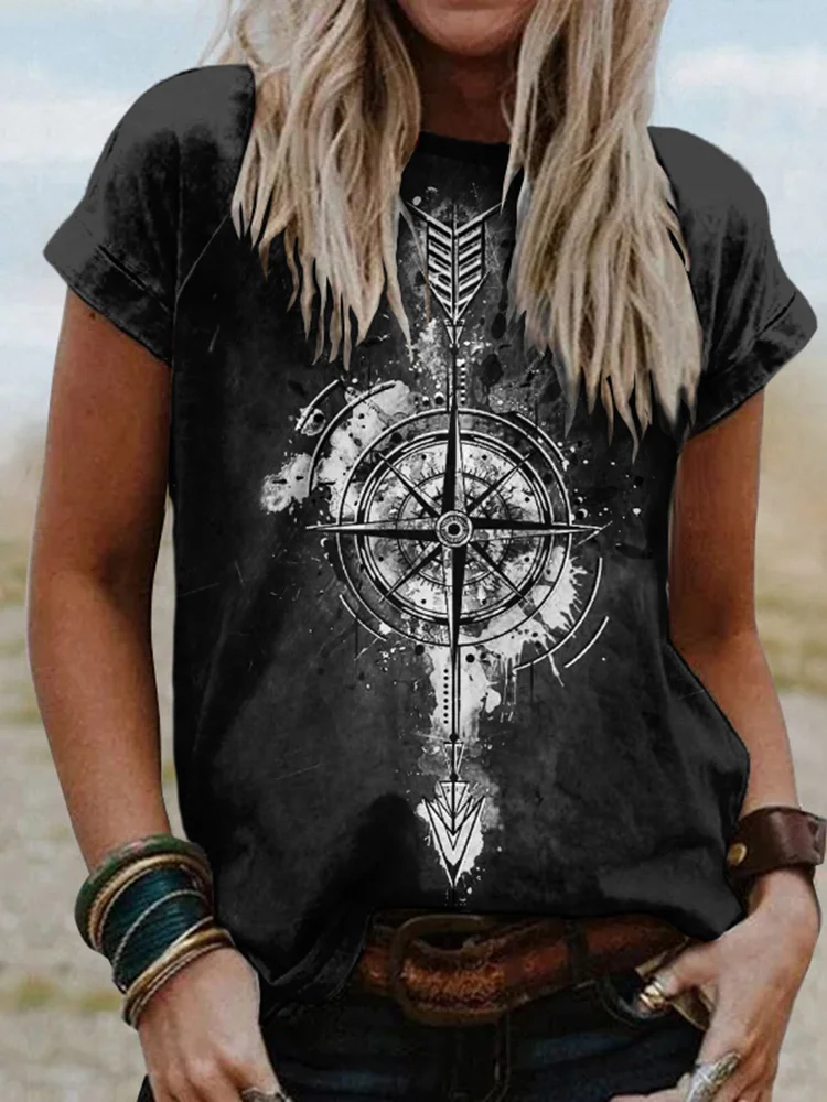 Tribal Viking Totem Print Crew Neck T-Shirt