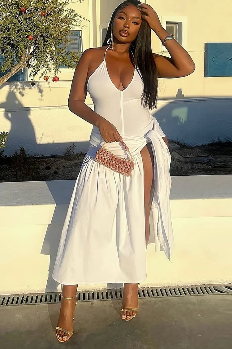 Deep V Neck Halter Bodysuit Tie Up High Slit Midi Skirt 2pcs Set-White