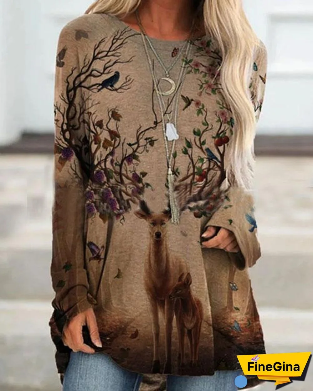 Elk Print Long Sleeve O-neck Casual T-shirt for Women