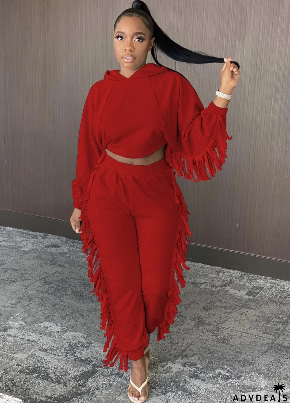 Winter Red Fringe Crop Hoody and Pants Two Piece Sweatsuit