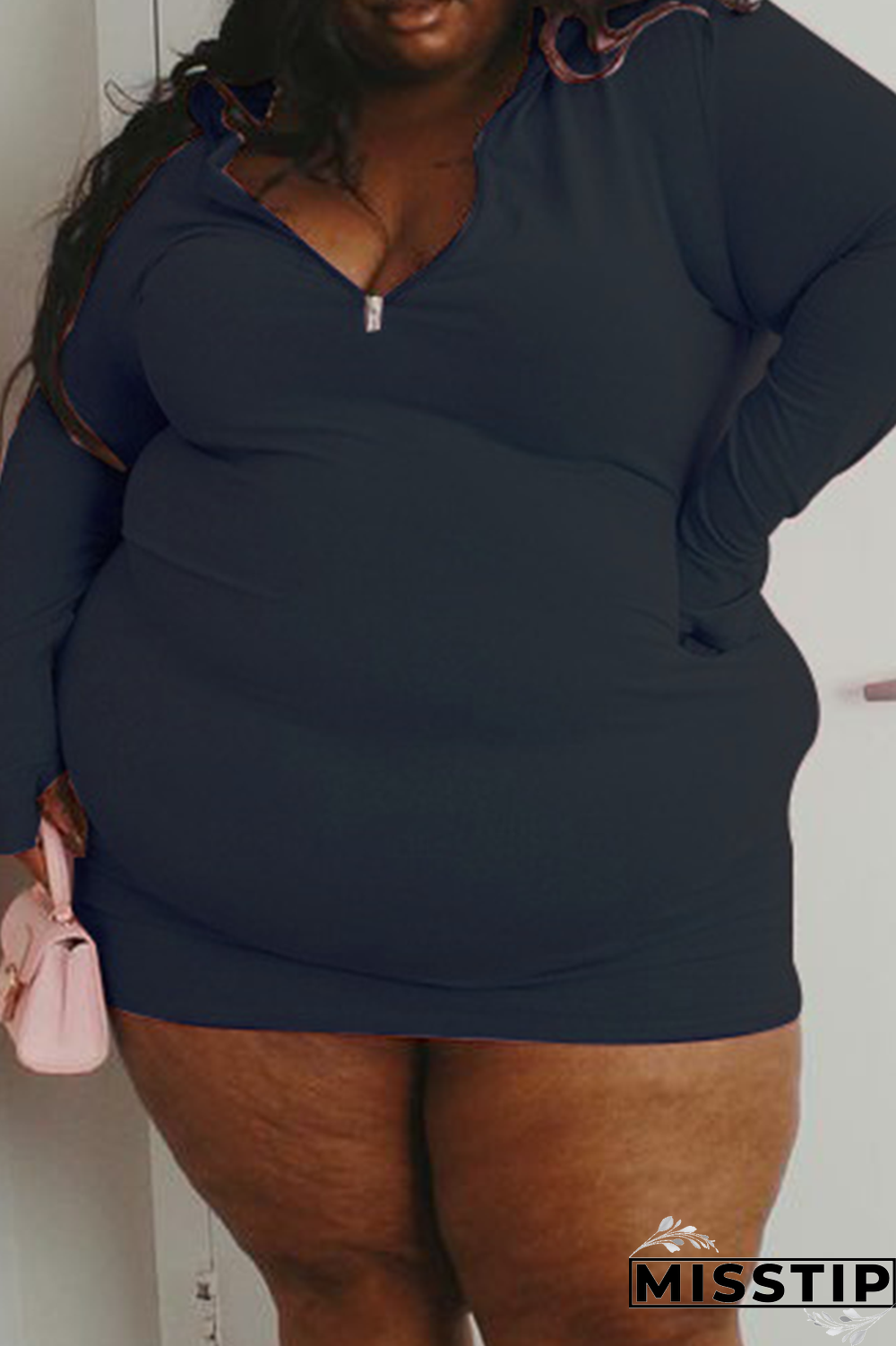Black Casual Solid Patchwork V Neck Plus Size Dresses
