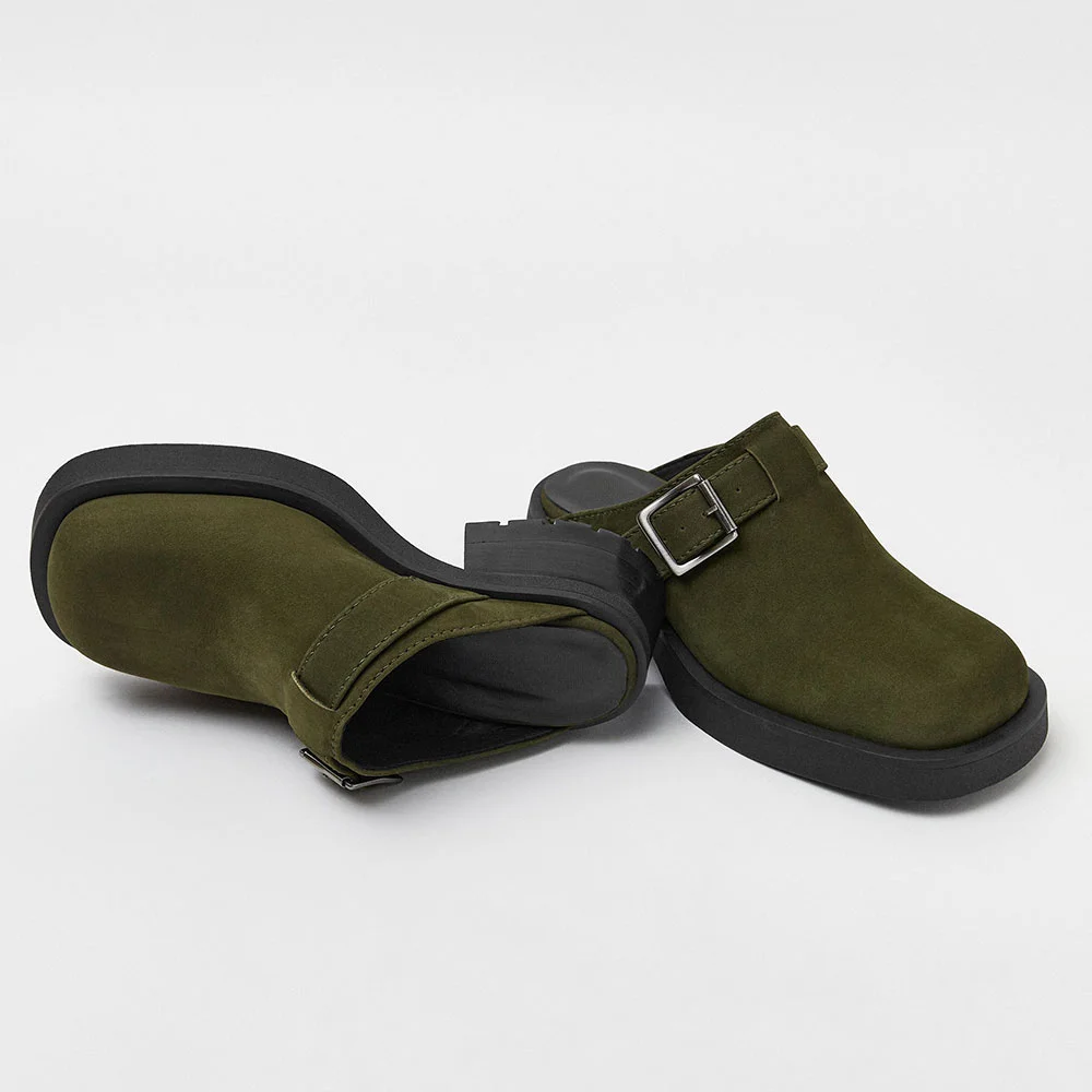 Casual Olive Square Toe Buckled Clogs Block Heeled Mules for Women