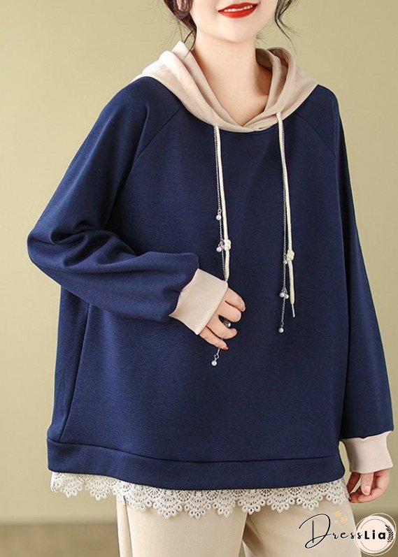 Italian Navy Blue Drawstring Lace Patchwork Fleece Hoodie Sweatshirts Long Sleeve