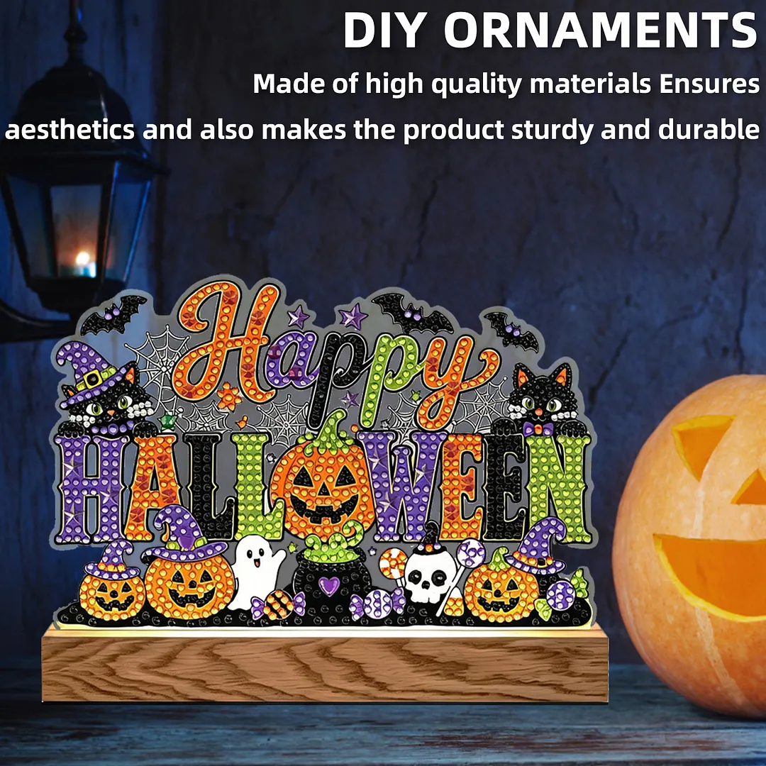 Halloween DIY Acrylic Diamond Painting Night Light for Adults Beginner Diamond Art Table Lamp with Wooden Base for Woman Man Desk Bedroom Tabletop Decor
