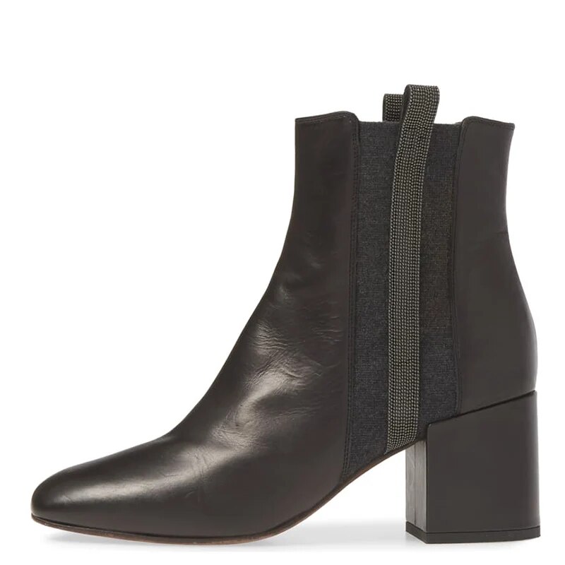 TAAFO Black Square Toe Female Booties Ankle Chelsea Boots Woman Heels Ladies Beading Elastic Shoes