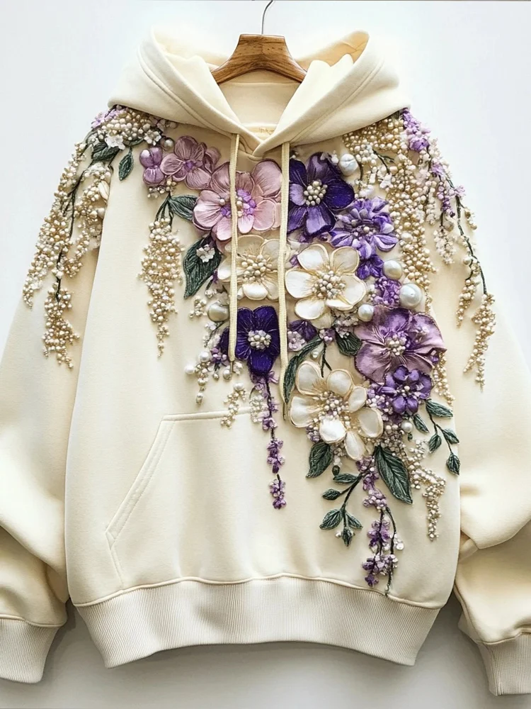 Women's Flowers Beaded Embroidered Art Cozy Hoodie