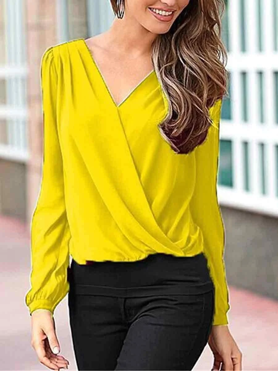 Cross V-Neck Lace Back Long Sleeves Blouse