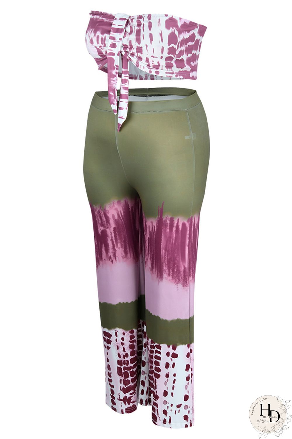 Pink Sexy Print Patchwork Strapless Plus Size Two Pieces