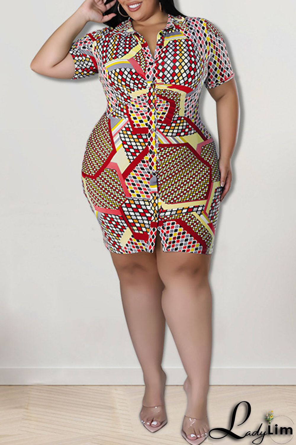 Blue Casual Print Patchwork Buckle Turndown Collar Shirt Dress Plus Size Dresses