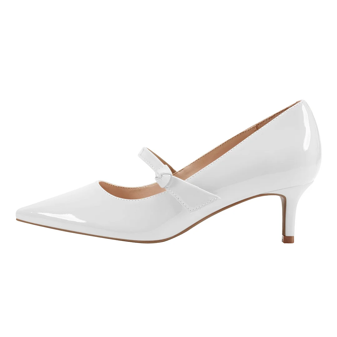 Patent Leather Pointed Toe Kitten Heeled Mary Janes in White