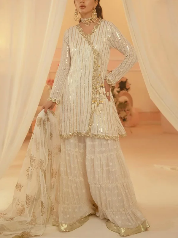 V-neck Long-sleeved Sequined Top And Pants Suit