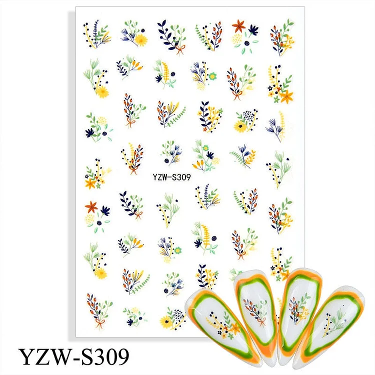 1PC Green Leaves With Line 3D Nail Sticker Geometry Flower Leaf Image Face Adhesive Decals Nail Art Decorations Wraps Accessory