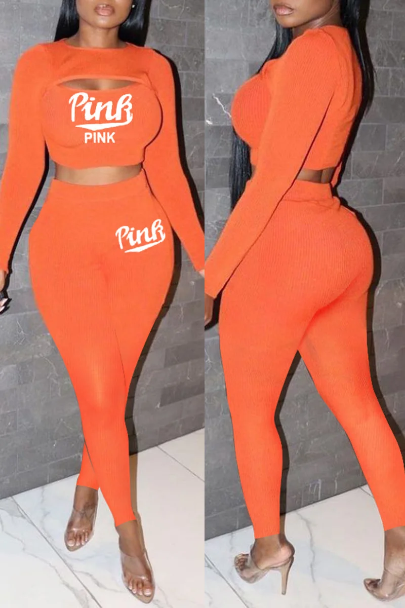 Orange Fashion Casual Letter Embroidery Hollowed Out O Neck Long Sleeve Two Pieces