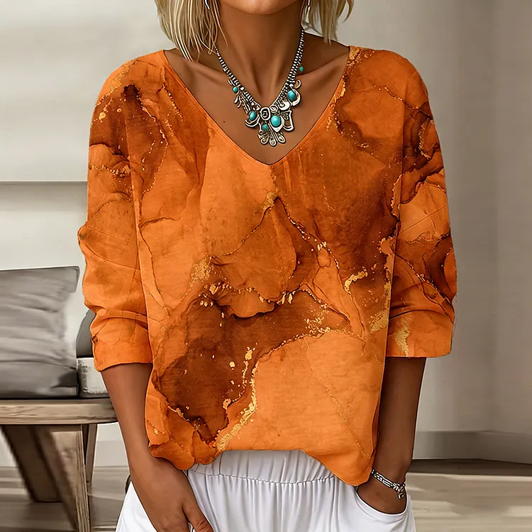 Women's Vintage Marble Art Print Flowy Linen Blend  Three-quarter Sleeve V Neck Linen Tops